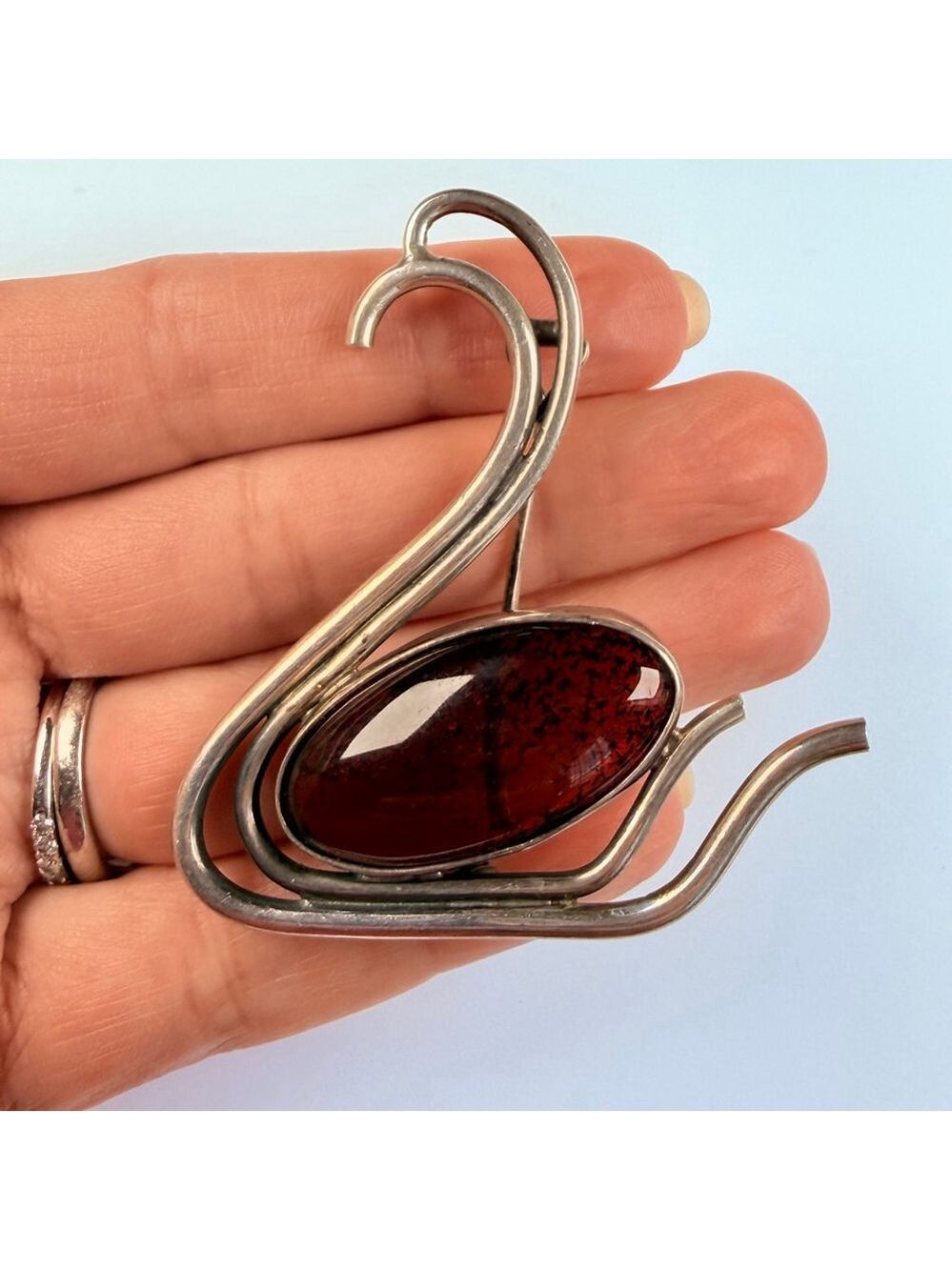 BIG 9 CT Baltic Cognac Amber Swan Art Deco Sterling Silver VTG 2.2" Pin Brooch - Picture 7 of 11